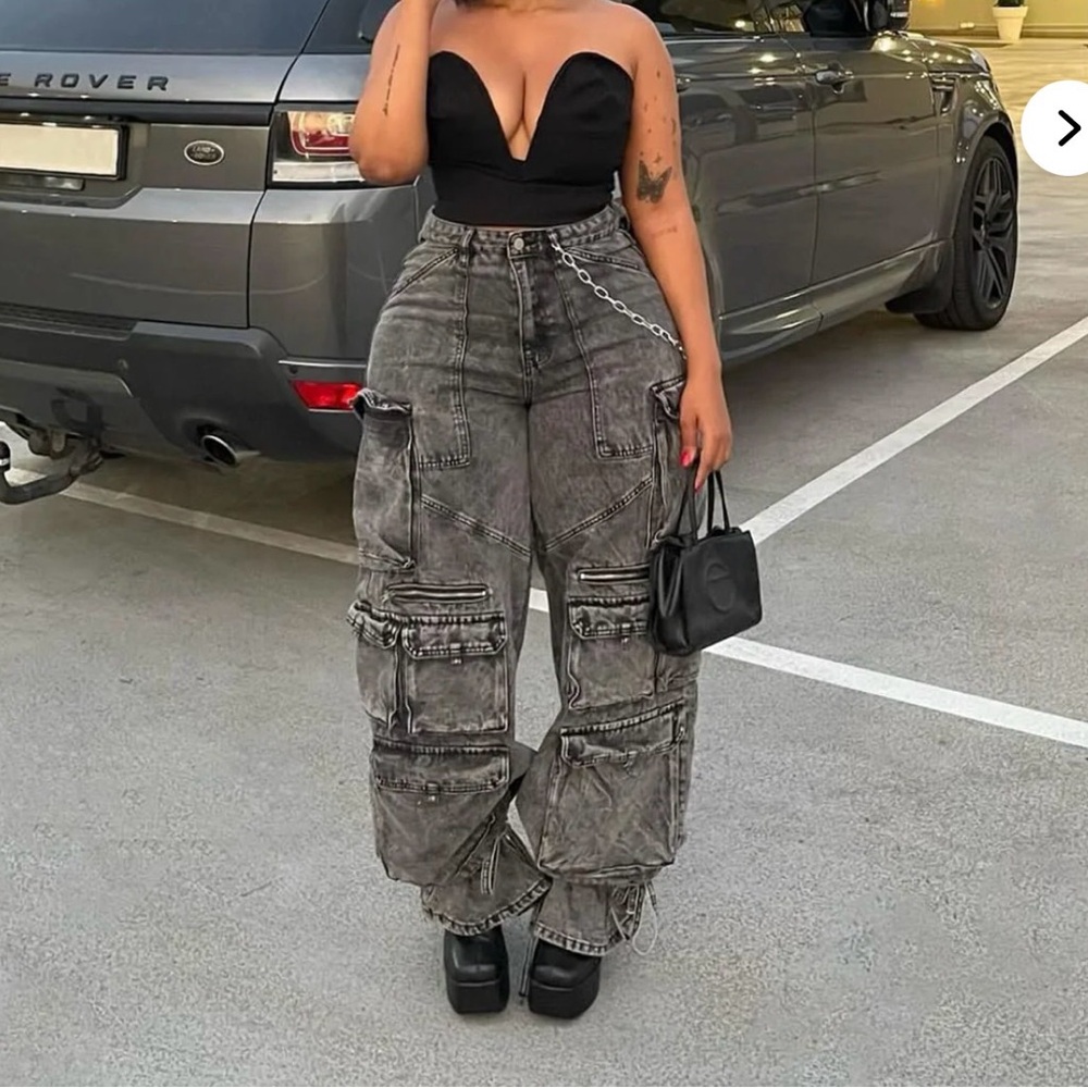 Fashion Nova Black and Gray Wide Leg Cargo Pants